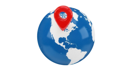 Globe with red location pin isolated PNG on transparent background, world map with marker for travel and navigation