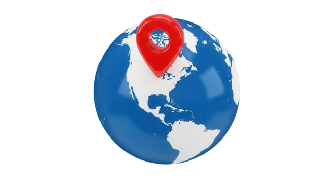 Globe with red location pin isolated PNG on transparent background, world map with marker for travel and navigation