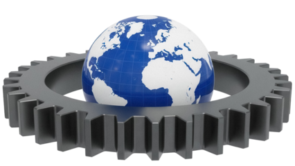 Blue and white globe on a gray gear isolated PNG, global business and technology concept for presentations and graphic design projects