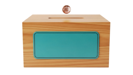 Wooden donation box with coin isolated PNG, charity fundraising concept for social responsibility and community support on transparent background