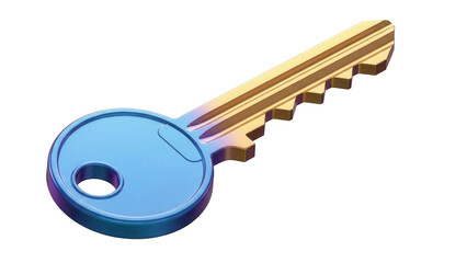 Shiny golden and blue key isolated PNG, security and access concept for graphic design and web projects on transparent background
