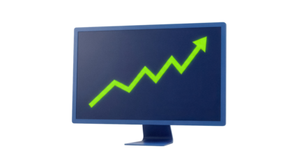 Blue computer monitor with green upward trend line isolated PNG, stock market growth concept for business and finance presentations