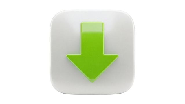 Green download arrow in a rounded square button isolated PNG, symbol for downloading content from the internet or saving files