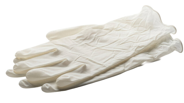 Pair of latex gloves isolated PNG on transparent background, medical examination safety equipment for healthcare and protection
