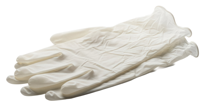 Pair of latex gloves isolated PNG on transparent background, medical examination safety equipment for healthcare and protection