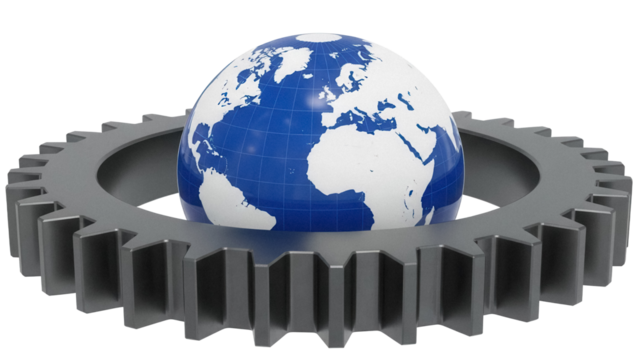 Blue and white globe on a gray gear isolated PNG, global business and technology concept for presentations and graphic design projects
