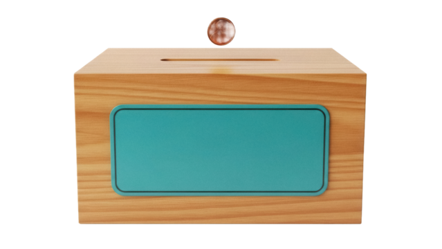 Wooden donation box with coin isolated PNG, charity fundraising concept for social responsibility and community support on transparent background