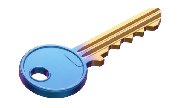 Shiny golden and blue key isolated PNG, security and access concept for graphic design and web projects on transparent background