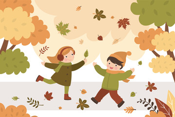 Fall, autumn park kids. Children outdoor activity. Boy and girl play with falling leaves. Little people in warm clothes. Forest, October and november. defoliation.