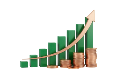 Financial growth chart with green bars and golden arrow isolated PNG, business success and investment concept on transparent background
