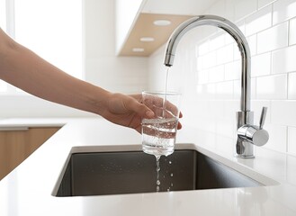 A person's hand holding a clear glass under a shiny chrome faucet as fresh water flows into it in a bright clean kitchen with white subway tile backsplash and countertop