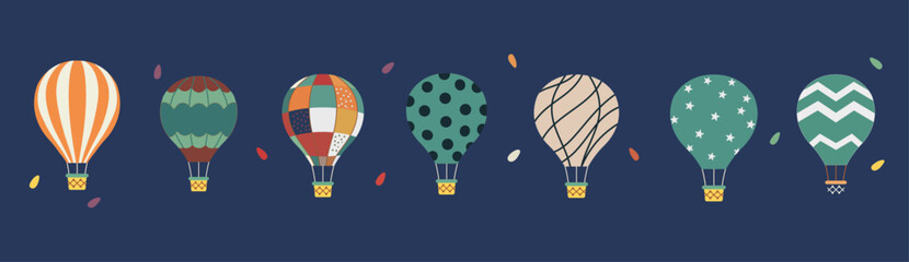 Fototapeta premium Colorful Hot Air Balloons Vector Illustration, Retro Travel Background, Vintage Balloon Festival Pattern, Decorative Air Balloon Design, Cute Adventure Flight Artwork, Flat Cartoon Style