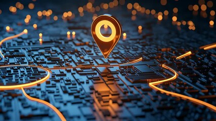 Glowing orange map pin futuristic digital city map with illuminated streets and buildings highlighting location navigation technology modern urban environment and glowing map marker futuristic - Powered by Adobe