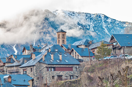 Boi Taull village with medieval bell tower and mountains