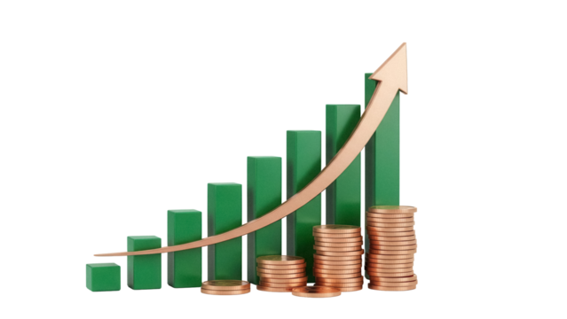 Financial growth chart with green bars and golden arrow isolated PNG, business success and investment concept on transparent background