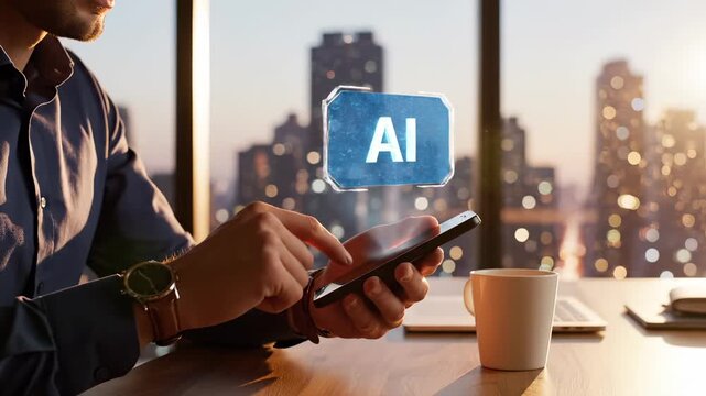Businessman uses phone in his office. A holographic AI icon appears above his phone. The man interacts with his phone to search. The search transforms into an AI icon and then a SIM card hologram.