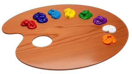 Wooden artist s palette with colorful paint isolated PNG, art supplies for painting and creative projects on transparent background