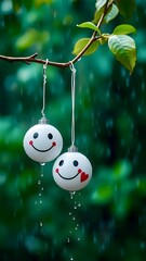 Snowman on a tree branch with Christmas decorations and holiday ornaments