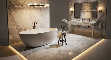 Elegant Marble Bathroom Interior Design Tub, Sink, and Decor