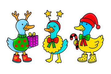 Cute Christmas Ducks Vector Illustration Festive Holiday Cartoon Duck Trio with Gifts, Candy Cane Antlers & Decorations Christmas Duck cartoon