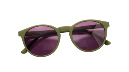 Olive green round sunglasses with purple lenses isolated PNG, stylish eyewear for sun protection and fashion accessory on transparent background