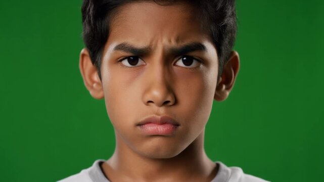 Close-up portrait of a young boy looking frustrated with a serious expression on his face against a green screen background