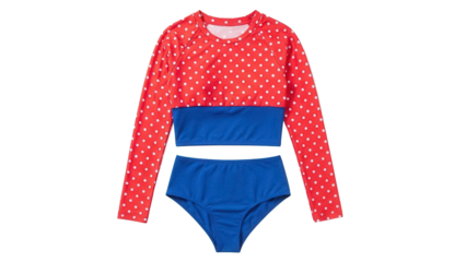 Red and blue polka dot swimsuit PNG isolated on transparent background, long sleeve bathing suit for girls and kids summer fashion