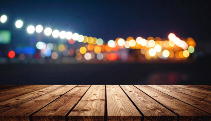 Wooden tabletop in sharp texture with colorful bokeh lights in blurred background