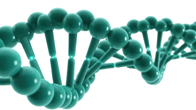 Green DNA molecule isolated PNG, double helix structure on transparent background for science, medicine, and genetic research