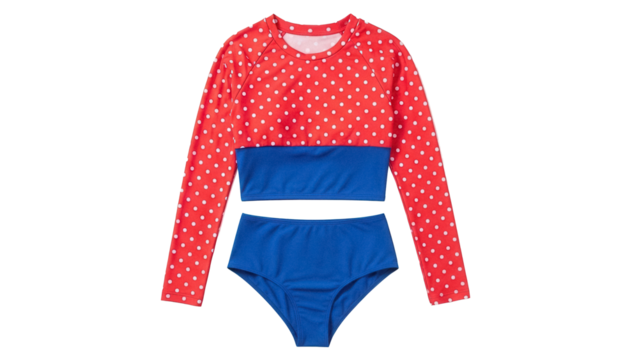 Red and blue polka dot swimsuit PNG isolated on transparent background, long sleeve bathing suit for girls and kids summer fashion - Powered by Adobe