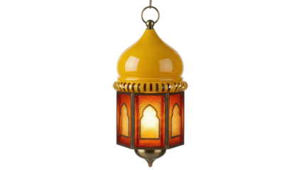 Ornate yellow and orange lantern PNG isolated on transparent background, vintage style hanging light for Ramadan and Middle Eastern decor
