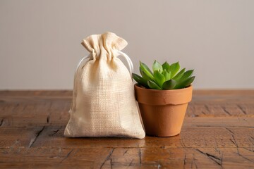Still life of a small succulent plant next to a drawstring bag on a wooden surface