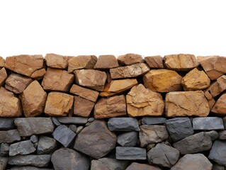 Stone wall with different colored rocks stacked together in an irregular pattern