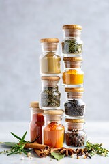 Stacked spice jars with herbs and cinnamon sticks on a white surface background