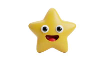 Smiling yellow star isolated PNG on transparent background, cute cartoon character with happy face for kids design and decoration