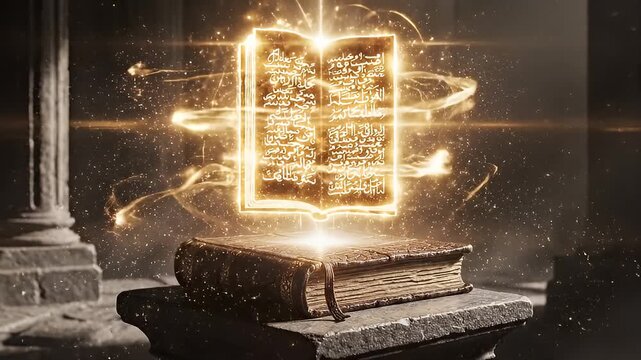 Mystical glowing book scene for fantasy video reveal.