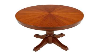 Round wooden dining table isolated PNG, brown pedestal table with radial veneer pattern for furniture design and interior decoration