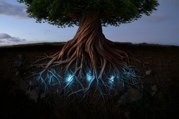 Tree with glowing roots in the ground at twilight with a cloudy sky above it all