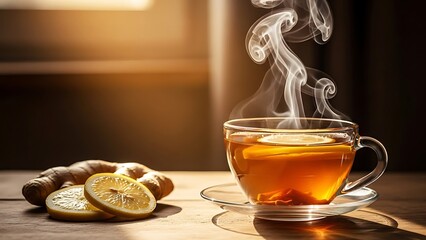 Steaming cup of tea with lemon slices and ginger root on a wooden surface.