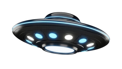 Black UFO flying saucer PNG isolated on transparent background, alien spaceship with glowing lights...