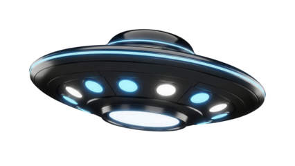Black UFO flying saucer PNG isolated on transparent background, alien spaceship with glowing lights for science fiction concepts
