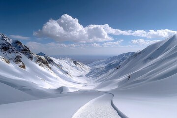 Snowy Mountain Valley Under Blue Sky