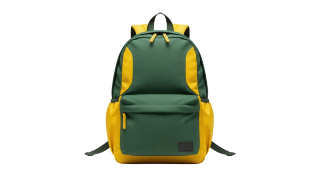 Green and yellow backpack PNG isolated on transparent background, stylish school bag for students and outdoor adventures - Powered by Adobe