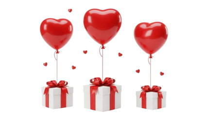 Three red heart balloons with gifts PNG isolated on transparent background, love and romance concept for Valentine s Day and anniversary