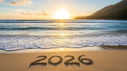 The year 2026 written in sand on a tropical beach during a beautiful golden sunset with ocean waves washing ashore near a mountain