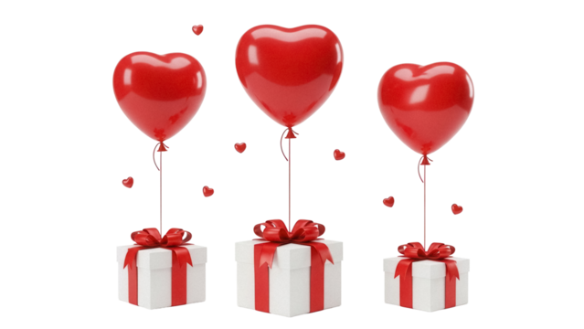 Three red heart balloons with gifts PNG isolated on transparent background, love and romance concept for Valentine s Day and anniversary