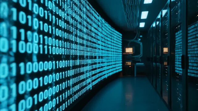 Curved binary wall glows along corridor. Digital code flows across display. Server rack lines mirror glow. Datacenter corridor holds technician silhouette. Network data security concept visualized.