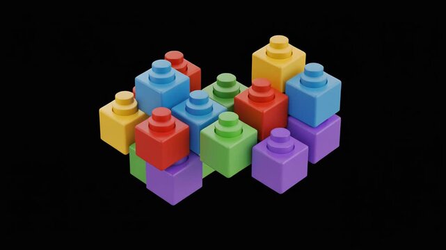 Colorful toy building blocks with single pegs arranged in compact 3D pattern on black background, playful and geometric.
