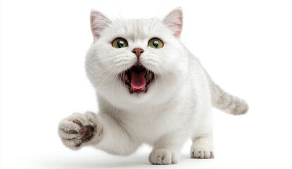 Fluffy White Cat With Open Mouth And Green Eyes In Motion Against White Background