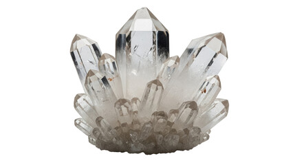 Quartz crystal cluster isolated PNG on transparent background, mineral specimen with clear points...